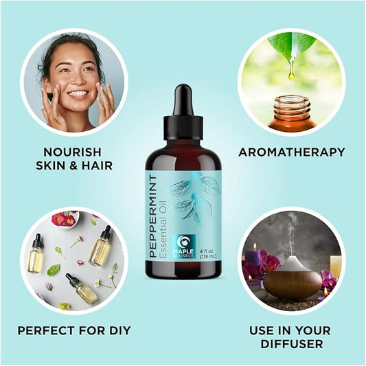 Peppermint Essential Oil for Diffuser Aromatherapy - 100% Pure Peppermint Oil for Hair Skin and Nails Plus Undiluted Refreshing Aromatherapy Essential Oil for Diffusers Baths and Topical Uses 4oz
