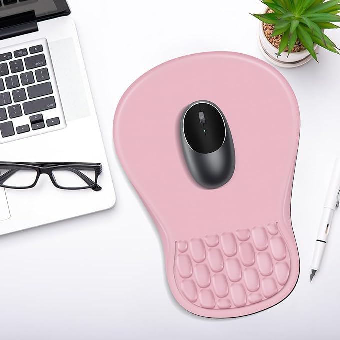 Ergonomic Mouse Pad with Wrist Rest Support, Mousepad with Comfortable Memory Foam Wrist Rest and Non-Slip PU Base for Pain Relief, Computer, Laptop, Office, Home (Pink)