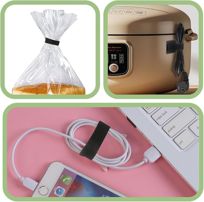 100 PCS Hook and Loop Cable Ties, Adjustable Cord Wraps, Adhesive Cord Management, Sticky-Back Hook and Loop Cable Straps, Reusable Cords Organizers for Wires and Cables, Black