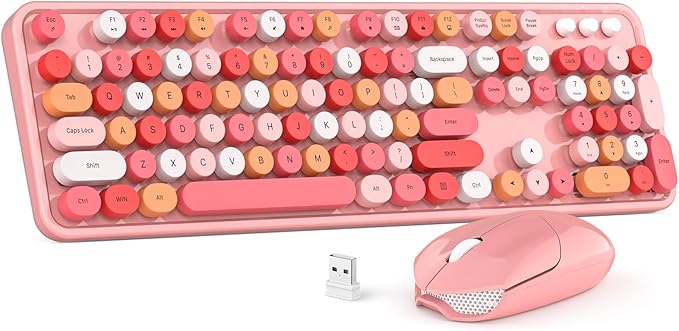 Wireless Keyboard and Mouse Combo, MOWUX Colorful Computer Full Size 2.4G Plug and Play Wireless Typewriter Keyboard and Mouse Set for Windows, Computer, Desktop, PC, Notebook (Pink Colorful)