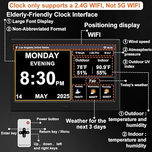 2025 New Digital Clock with Temperature/Humidity & Weather Forecast, Auto Time Sync Large Display, Custom Alarms & Medication Reminders, Ideal for Elderly(Black, 10.1-Inch)