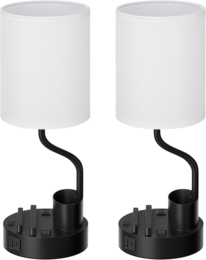 White Bedside Table Lamps for Bedroom Set of 2 - Nightstand Light with AC Outlet and USB A & C for Charging, 3 Color Temperatures Desk Lamp with Pen Holder & Phone Stand for Living Room/Dorm/Office