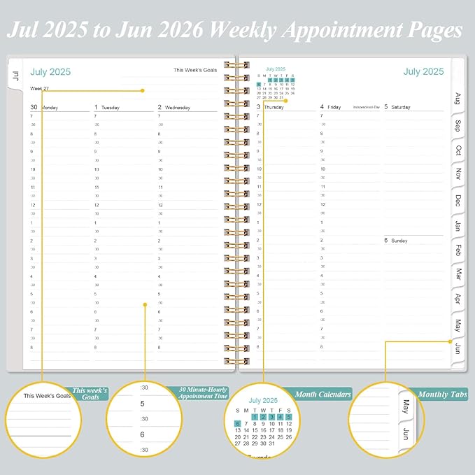 2025-2026 Appointment Book & Planner - Hourly Planner from July 2025 - June 2026, Weekly Appointment Book 2025-2026 with 30-Minute Interval, 6.4" x 8.5", Black