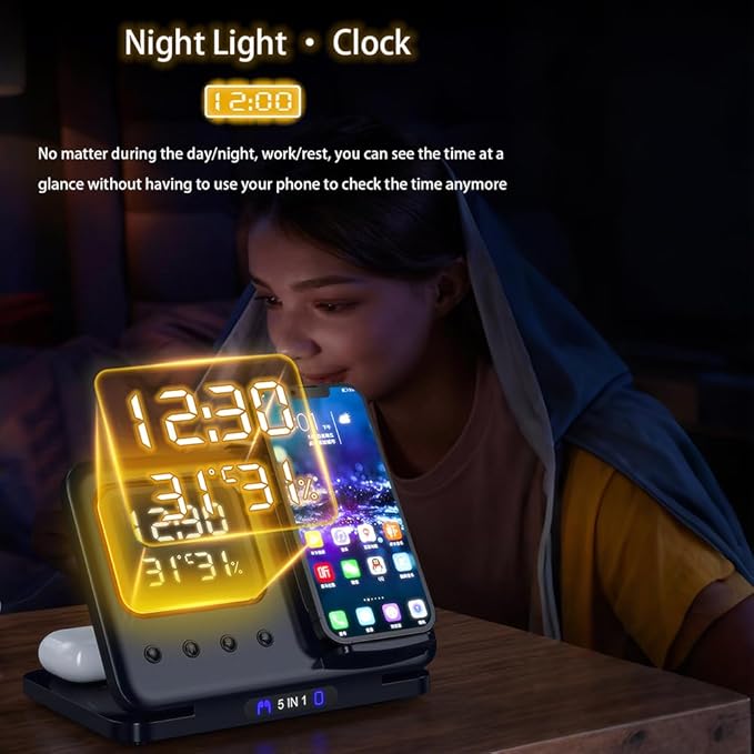 IHAO 5in1 Multi Functional Wireless Charging Station with Digital Clock 15W Fast Charge Night Light Temperature Display Wireless Charger for All Qi Phone and TWS Headphone Compliant with i-Watch