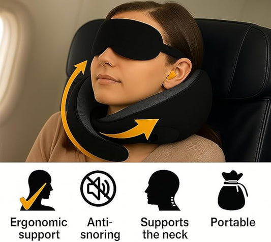 Travel Pillow, Travel Pillows for Airplanes, 100% Pure Memory Foam Travel Neck Pillow with Eye Mask & Ear Plugs, Comfort and Ergonomic Design, Ideal for Airplanes, Cars and Offices
