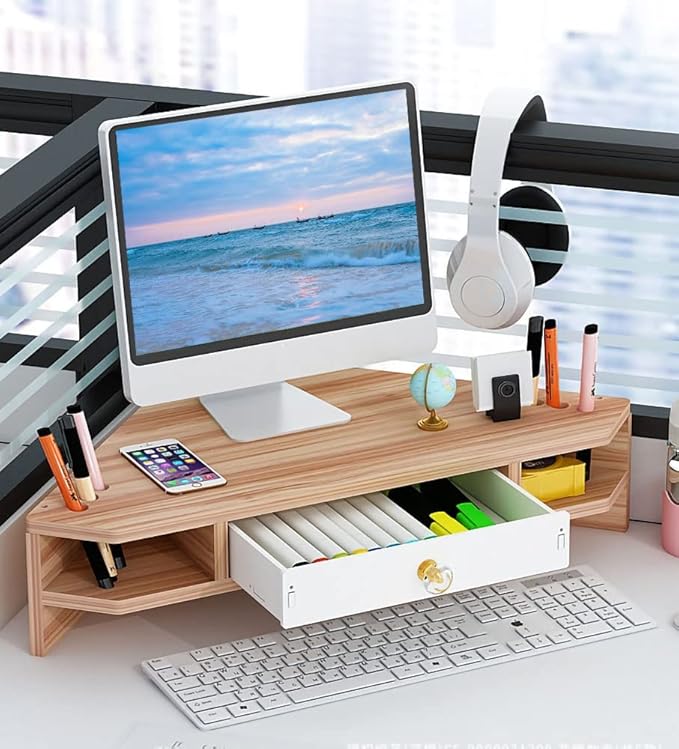 Triangle Monitor Riser,Cut Triangular Computer Monitor Desktop Corner Stand,Desktop Corner Shelf With Drawers Wooden Computer Stand With Storage Laptop Risers Office Organization.