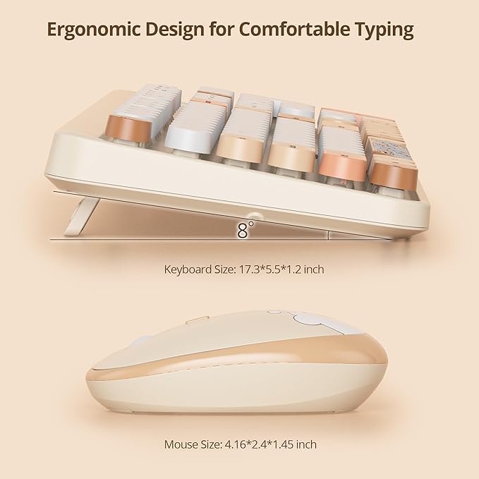 GTSP Creamy Wireless Keyboard and Mouse, Typewriter Office Full-Sized Colorful 2.4G Cute Aesthetic Keyboard for Computer, Laptop, PC Desktops(Brown)