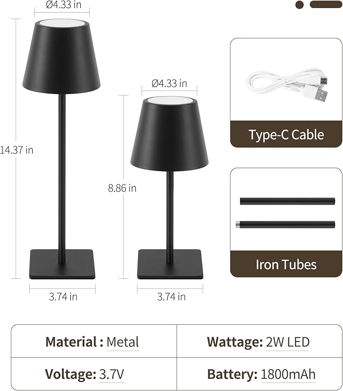 UME Cordless Table Lamp, Battery Operated Lamp - Portable Waterproof Rechargeable Table Lamp w/ 3 Color Temps & Stepless Dimming for Dinner, Desk, Cafe, Outdoor (Black)