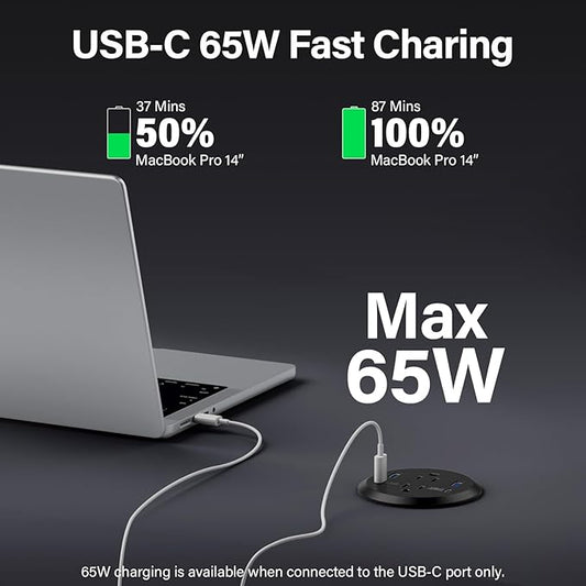 Jgstkcity Desktop Power Grommet, 65W USB C Fast Charging Port, Flush Mount Recessed Power Strip 3inch Hole,2 Outlets,4 USB Ports, Countertop Outlet (Black, 65W USB Port)