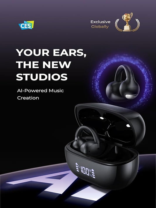 Open Ear Clip On Earbuds, Bluetooth 5.4 Bone Conduction Headphones AI Music Generator Earbuds with 4 Mics Clear Calls, 5.7g Ultra-Light Design, 30H Hi-Fi Stereo Playtime & IPX6 Fit Sports, Black