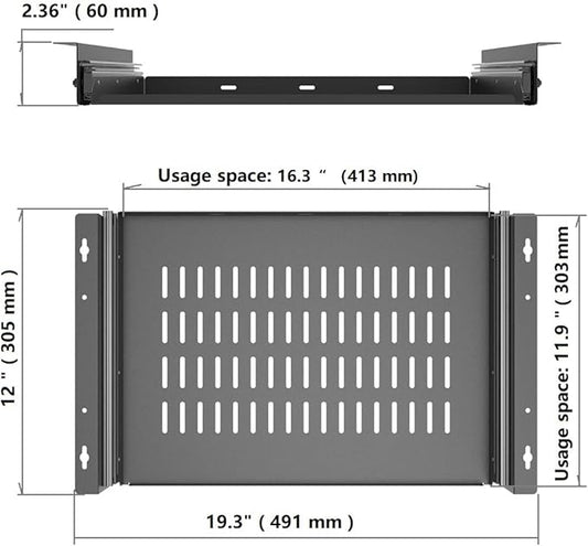 JINGCHENGMEI Sliding Under Desk Laptop Mount Shelf with Air Vents, W 16.3" x D 12" Metal Under Desk Slide Out Tray for Laptop (16 Inch Wide)
