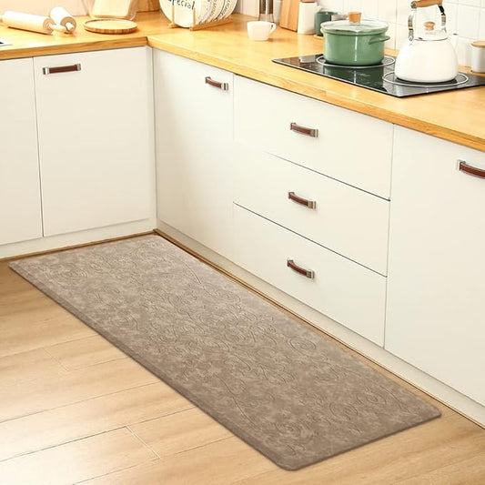 J&V TEXTILES Medallion Embossed Kitchen Mat Cushioned Anti Fatigue Floor Mat, Thick Non Slip Waterproof Kitchen Rugs and Mats, Standing Mat for Kitchen,Floor,Desk,Sink,Laundry, (Beige, 17" X 60")