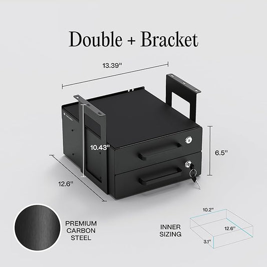 Under Desk Drawer Slide-Out – Lockable Metal Storage Drawers with Cable Management for Office & Home (Double, Bracketed)