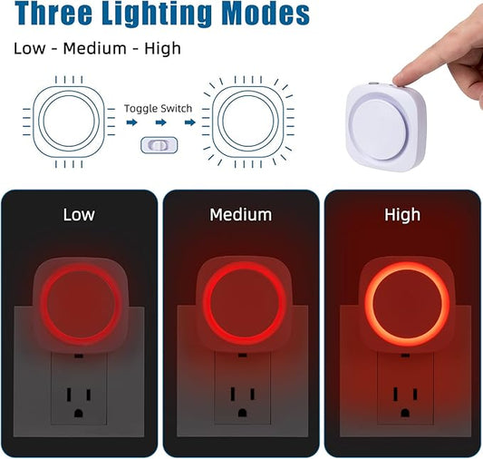 Red Night Lights Plug into Wall, 4 Packs Dimmable Night Light with Dust to Dawn Sensor, Automatically Turn on and Off, Gentle Glow Nightlight for Bathroom,Bedroom,Stairs,Kitchen,Hallway, Red