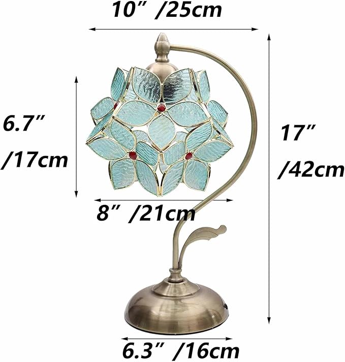 Bieye L10932 Tiffany Style Stained Glass Flower Petal Table Lamp with Brass Base for Home Décor (Light Blue, 8" Apple Blossom)