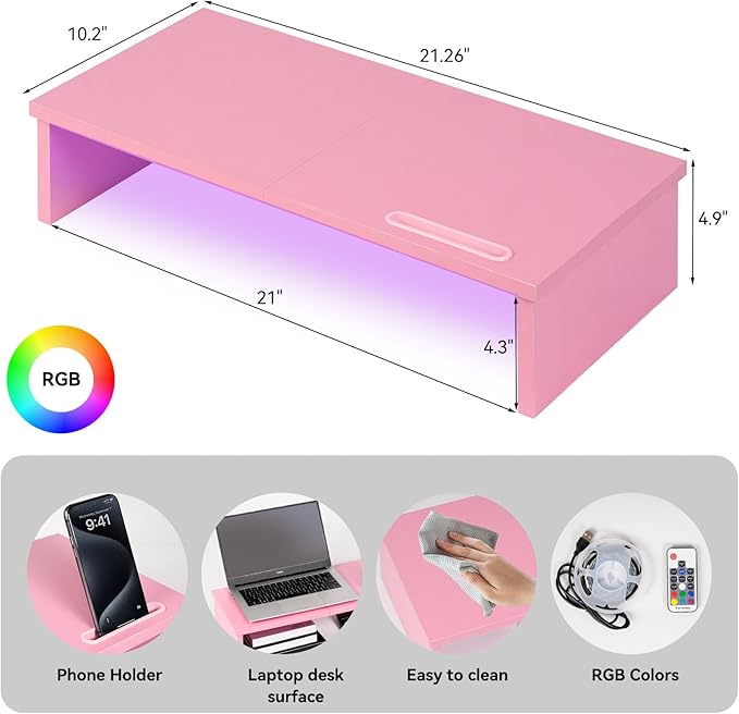 21" Monitor Stand Riser with LED Lights and Phone Holder, Monitor Stand for Desk, Computer Monitor Stand, Desk Shelf for Top of Desk, Desktop Organizer for Laptop, Printer, TV