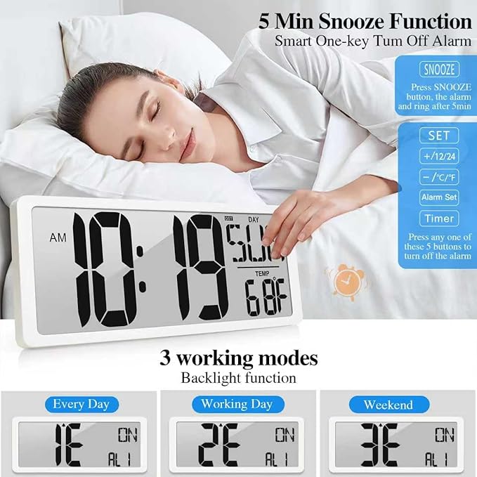 TXL Large Digital Wall Clock with Backlight, 14.2" Battery Operated Alarm Clock with Day, Date & Temperature, Jumbo Display Digital Count Up Down Timer Clock for Seniors, Home, Bedroom Office