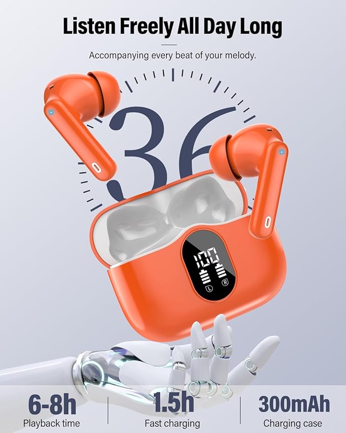 Wireless Earbuds, Bluetooth 5.4 Headphones Bass Stereo, Ear Buds with Noise Cancelling Mic, IP7 Waterproof in Ear Earphones, 36H LED Display Bluetooth Earbuds for Laptop Pad Phones Sports, Orange