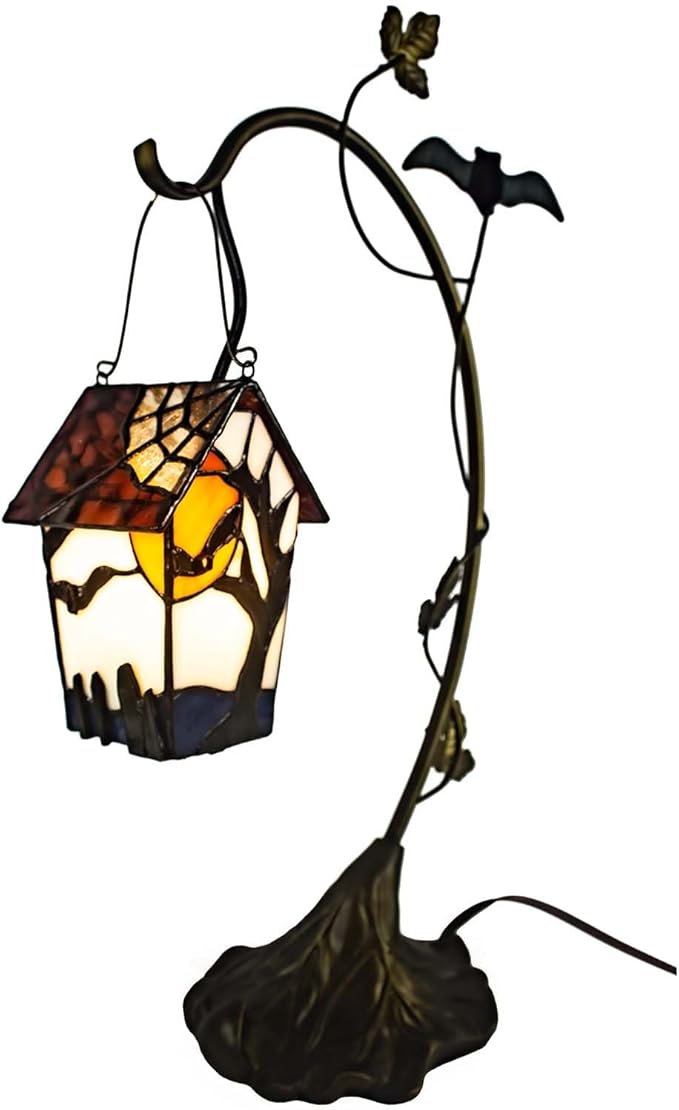 Bieye L10938 Spooky Graveyard Tiffany Style Stained Glass Birdhouse Table Lamp for Halloween Decor (21-inch High, Bat Nest)