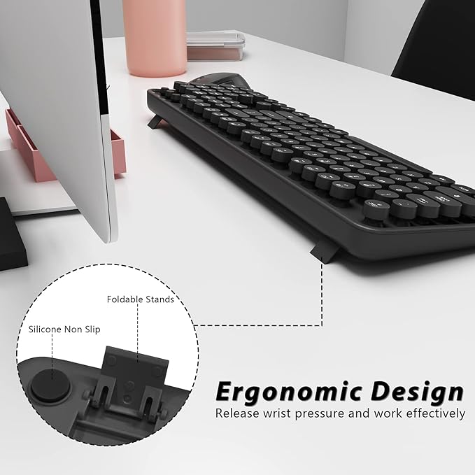 Wireless Keyboard and Mouse Combo, Cute Full Size 104-Key Typewriter Retro Round Keycaps Keyboard for PC Laptop,Windows,Desktop,Perfer for Home and Office Keyboards (Black)