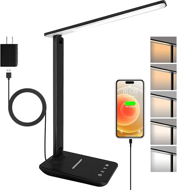 LED Desk Lamp for Office Home, Bright Desk Light with USB Charging Port, Adjustable Dimmable Desk Lamps 5 Modes 5 Brightness, Touch Study Lamp for Nail, Craft, Puzzle, Sewing, Study, Black