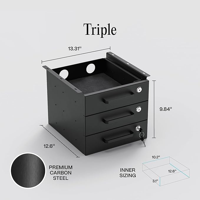 Under Desk Drawer Slide-Out - Lockable Metal Storage Drawers with Cable Management for Office & Home (Triple, Non-Bracketed)