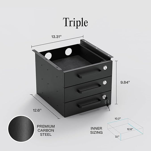 Under Desk Drawer Slide-Out - Lockable Metal Storage Drawers with Cable Management for Office & Home (Triple, Non-Bracketed)