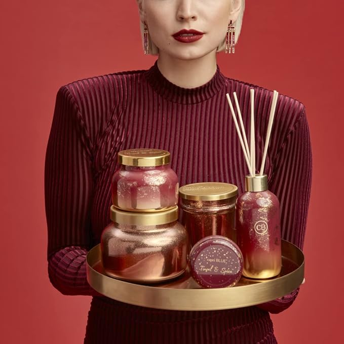 Capri Blue Glimmer Reed Diffuser Set - Includes Diffuser Sticks, Scented Oil, and Decorative Glass Bottle - Home Decor Room Freshener - Capri Blue Home Fragrance - Tinsel & Spice (8 fl oz)