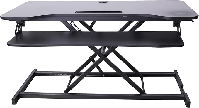 Rocelco 43" Height Adjustable Standing Desk Converter with Premium Dual Monitor Arm Mount - Tall Stand Up Tabletop Riser and Tablet Slot - Computer Workstation - Keyboard Tray - Black (R VADRB-43-MA2)