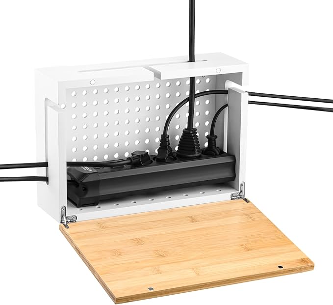Bamboo Cable Management Box with Magnetic Lid & Ties - Elegant, Durable Cable Organizer to Hide Cords & Power Strip - Wall Mountable Box Hider for Home, Office, Desk & More (White)
