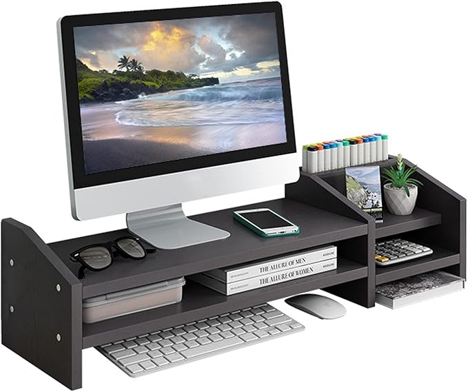 Computer Monitor Riser, 2 Tier Wooden Stand With Two Layer Storage Rack, Black Desktop Organizer for PC/Laptop, Home & Office
