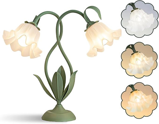 Cute Flower Table Lamp, Large Vintage Bedside Flower Lamp, 3 Colors Temperature Flower Lamp for Bedroom Living Room Bedside Reading Lighting Table Desk Lamps Home Decoration (Green)