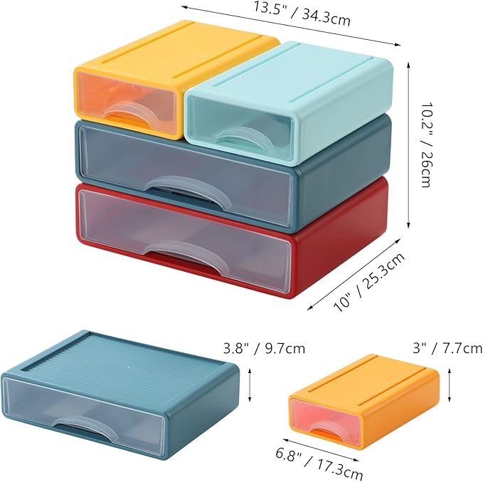 Desktop Drawers for Paper, Stackable Office Storage Drawers for Desk, Craft Organizer and Storage Bins, 4 Mixed Storage Container with Plastic Drawers for Office Supplies Desk accessories