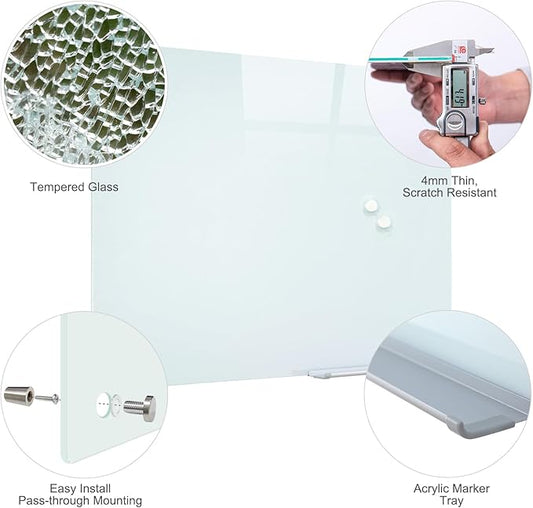 Glass Magnetic White Board - 36 x24 Inches Frameless Dry Erase Glass Whiteboard for Wall, Writing Board for Office, Classroom, Home and Presentation