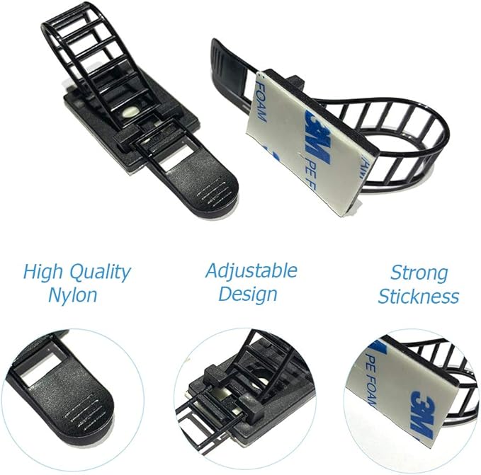 50pcs 2 Sizes Adjustable Adhesive Cable Ties Cable Clips Wire Strap Cord Clamp for Cable Management at Home and Office + 100pcs Nylon Zip Ties