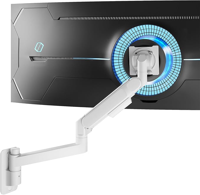 ARES WING Monitor Wall Mount for 24-57 Inch Ultrawide Gaming Screens, Premium Heavy Duty Monitor Arm Holds 60 lbs, Full Motion Gas Spring, Bearing Head for Easy Adjustment, 75/100 VESA Mount, White