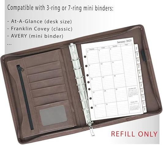 newestor 2025 Monthly Planner Refills 5-1/2" x 8-1/2" for 3-Ring or 7-Ring Mini Binders, Jan 2025 to Dec 2025, Desk Size 4, 7-Hole Punched
