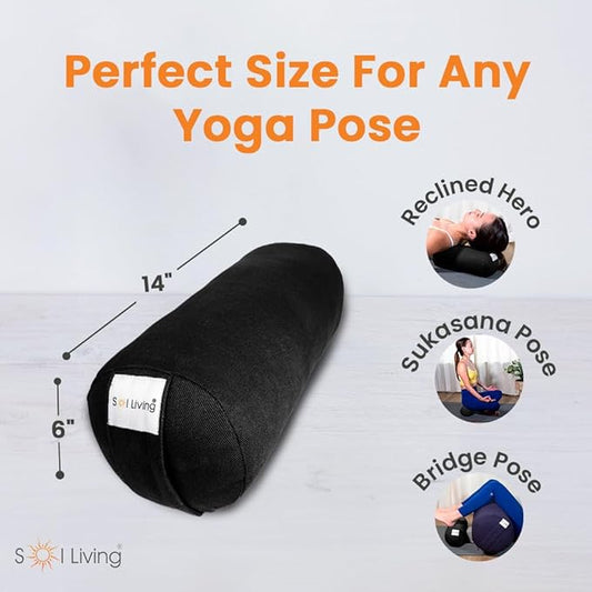 Sol Living Yoga Bolster Pillow for Restorative Meditation - 100% Cotton Cylindrical Cushion with Washable Cover for Balance Support in Asana Poses