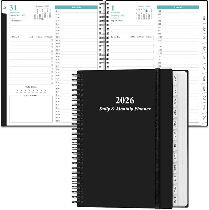 2026 Daily & Monthly Planner - One Page Per Day, Daily Planner from January 2026 - December 2026, Planner 2026 with 12 Monthly Tabs, 8.5" x 11", Black