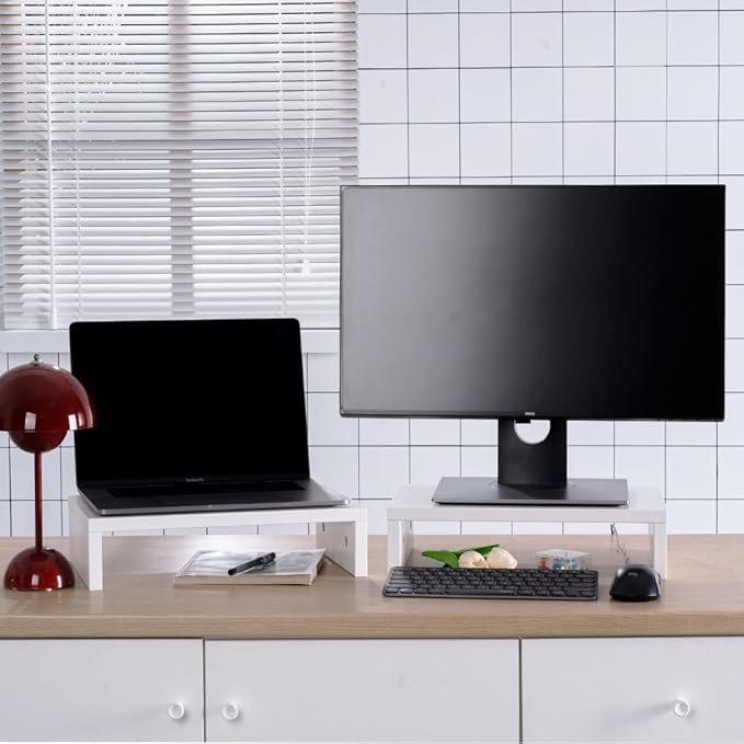 Computer Monitor Stand Riser Wood 2 Pack Dual Monitor Stand Riser for 2 Monitors Shelf Stand Desk Organizers for PC Screen White