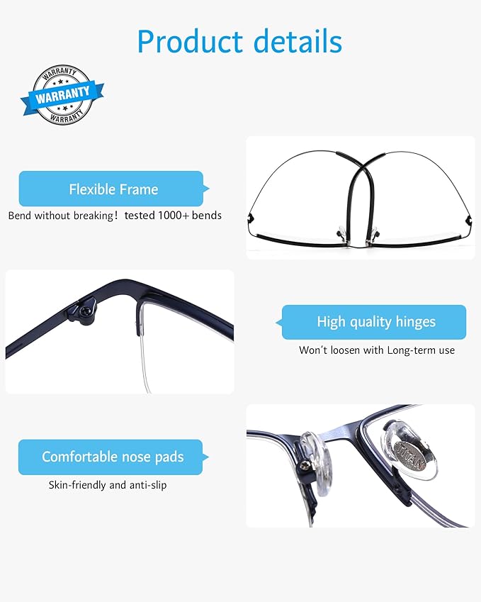 ANRRI Blue Light Glasses Mens Rectangle Semi Rimless Glasses Computer Gaming glasses for men Lightweight Titanium Eyewear