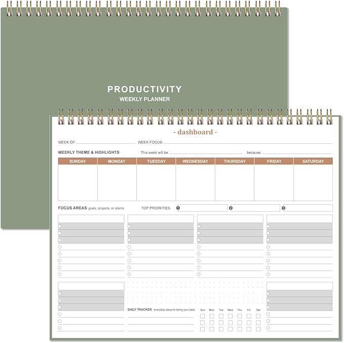 Weekly Productivity Planner - 8.5" x 11" Dashboard Desk Notepad Has 6 Focus Areas to List Tasks for Goals, Projects, Clients, Academic or Meal-Organize Your Daily Work Efficiently, 54 Weeks, Green