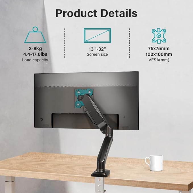 Black Single Monitor Arm Adjustable Stand Monitor Mount up to 32 inches and 17.6 lbs, Computer Desk Mount with Clamp and Grommet Base
