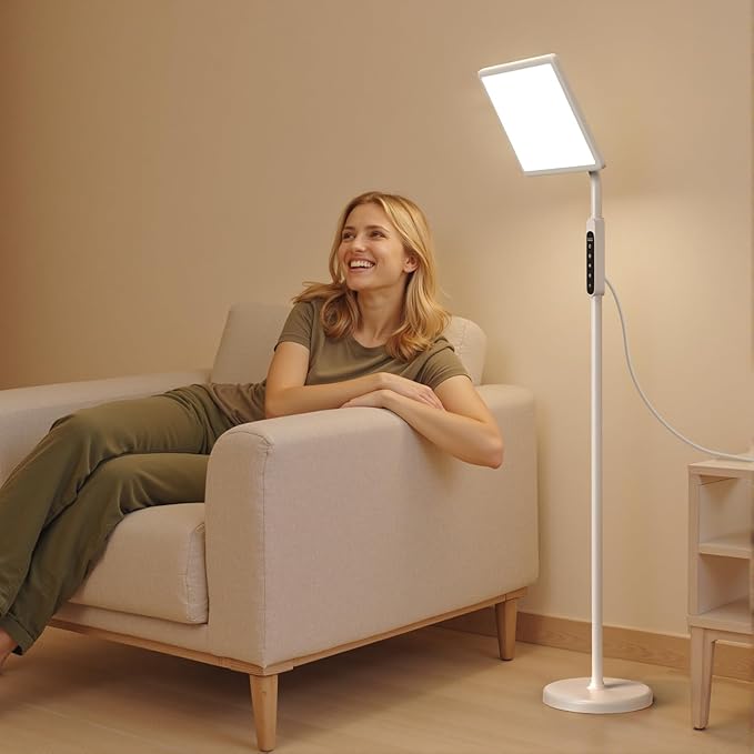 Light Therapy Lamp, 12,000 Lux Full Spectrum Sunlight Lamp, UV-Free Sun Lamp, Remote Control/4 Color Temp/5 Brightness/4 Timer & 3 Height Adjustable Floor Lamp for Home, Office & Living Room