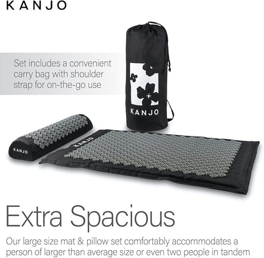 Kanjo Acupressure Mat and Pillow Set for Back Pain Relief & Neck Pain Relief, with Pressure Points for Muscle Pain Relief with Travel Bag - Black XL