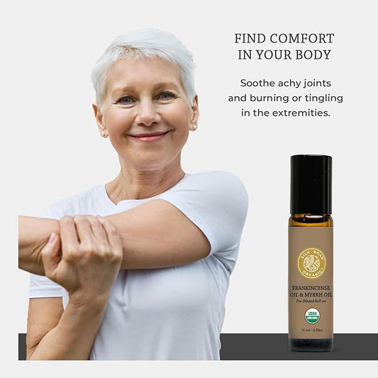 Silk Road Organic Frankincense Oil & Myrrh Essential Oil Roll On, 100% Pure USDA Certified Aromatherapy for Body Aches, Stiffness & Tingling, Stress Relief, & Skin - 10 ml Roller