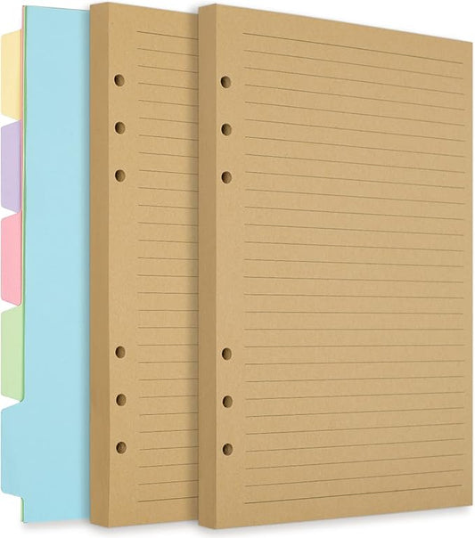 A5 Refill Paper, Planner Inserts for A5 Binder Budget Planner Journals Notebook, 6 Ring Loose Leaf Lined Paper with Binder Dividers, 240 Pages (A5, Light Brown Paper)