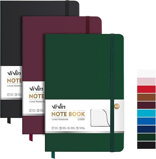 ViVin Lined Journal Notebooks, 3 Pack, (Black, Burgundy, Dark Green), 192 Pages, Medium 5.5 x 8.3 inch, College Ruled, A5 Hardcover Notebooks, Journaling Notebooks for Work, Writing, School