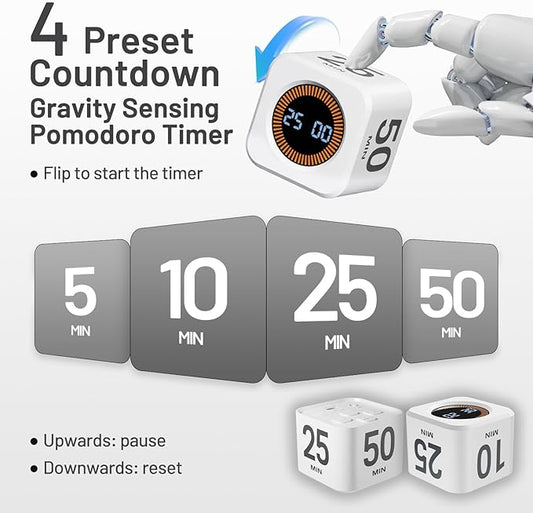 Rotating Pomodoro Timer, 5/10/25/50 Minutes, Countdown & Stopwatch, Desk Productivity, ADHD Tool Cube Flip Timer, Adjustable Silent, for Study, Work, Kitchen (White)