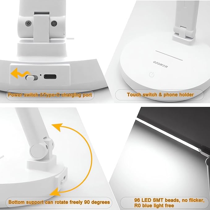 Desk Lamp,Led Cordless Rechargeable Lamp,2800K-6500K CCT Dual Swing Arm Reading Lights For Books In Bed,Protect Eyes Rg0 Study Lamp With Usb Charging Port,Bedside Lamp,Desk Lamps For Home Office